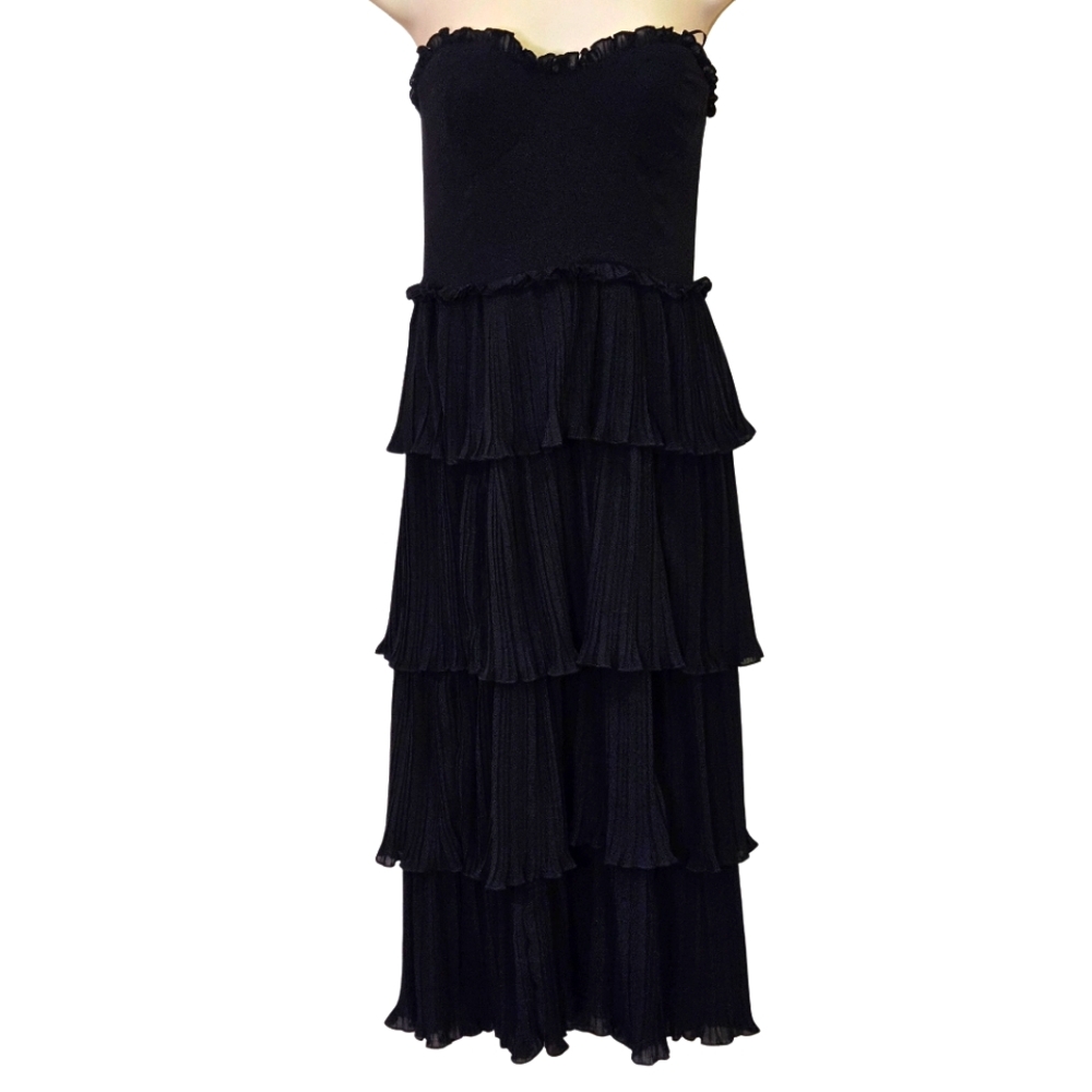 Olivacious Black Strapless Tiered Accordion Pleat Midi Dress,Medium,NWT
